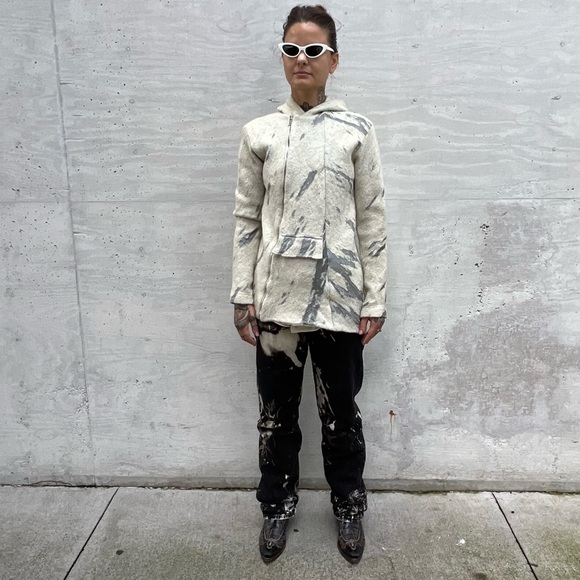 RAF by RAF SIMONS/Men's Hooded Asymmetrical Zip Up Mesh/Textured Jacket Cream M - Picture 7 of 7